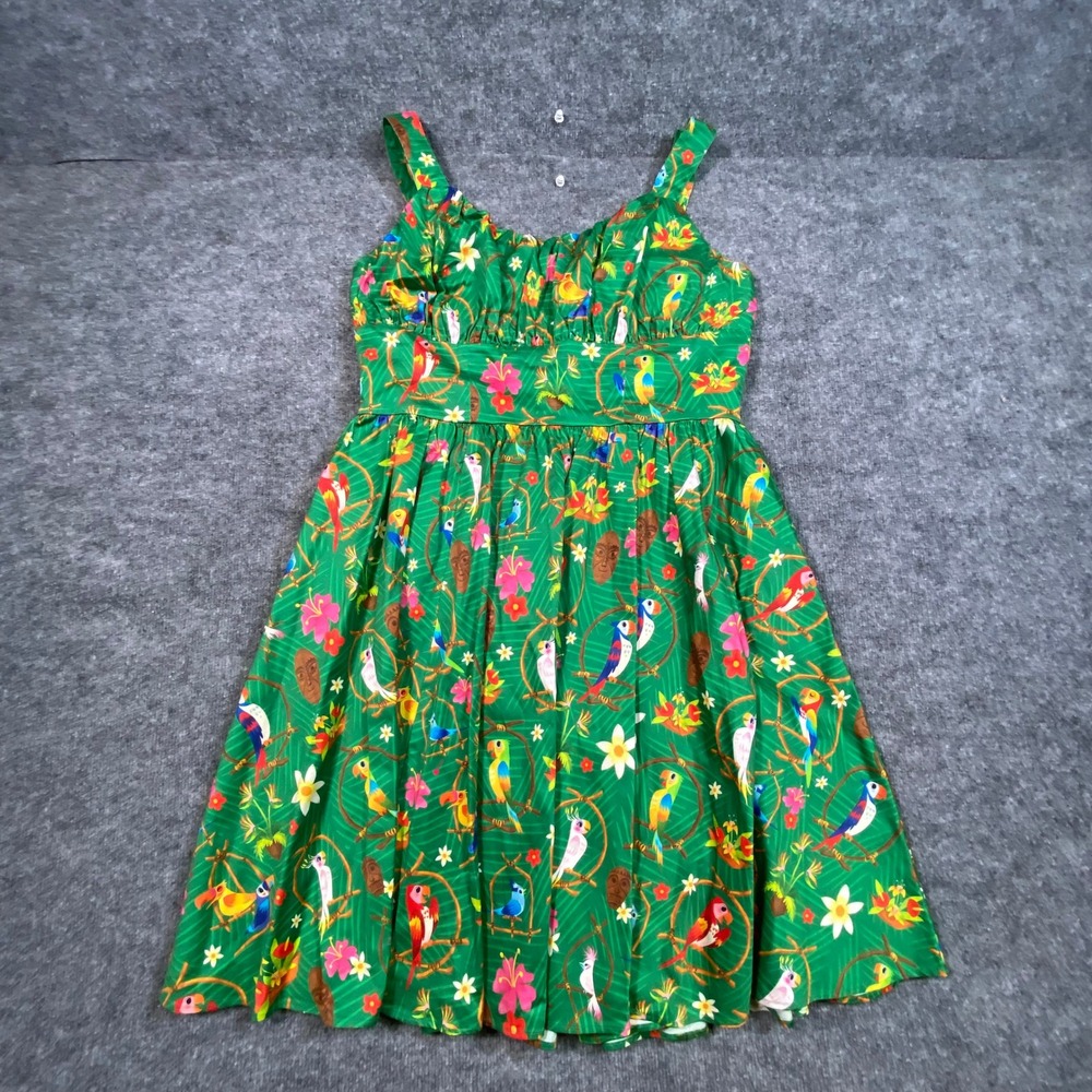 Disney Parks Enchanted Tiki Room Dress XL Green Tropical Parrot Fit Flare Dress